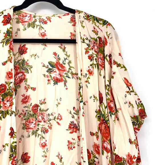 Unbranded Women's Size Medium Floral Lace Trimmed Kimono Cream Red - Picture 3 of 5